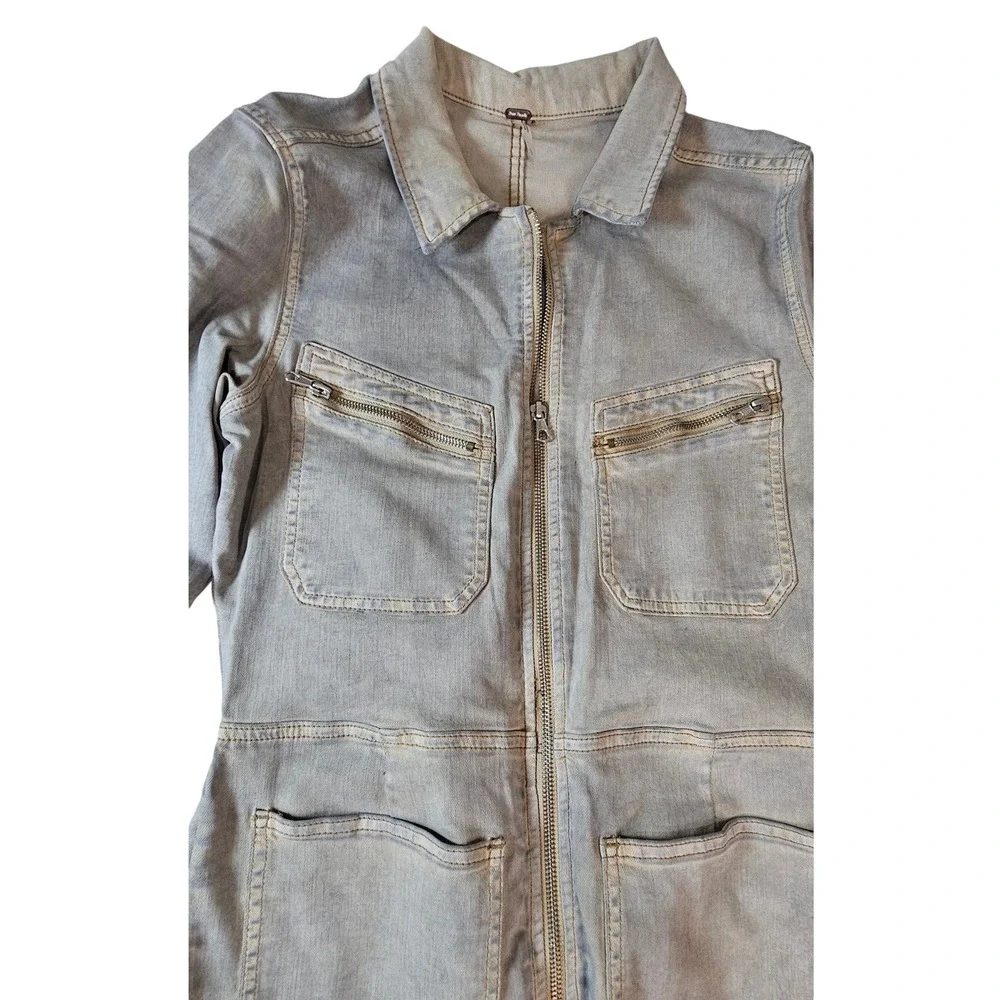 Free People Grey Denim Utility Jumpsuit Long Sleeve Zip Front Boilersuit Womens